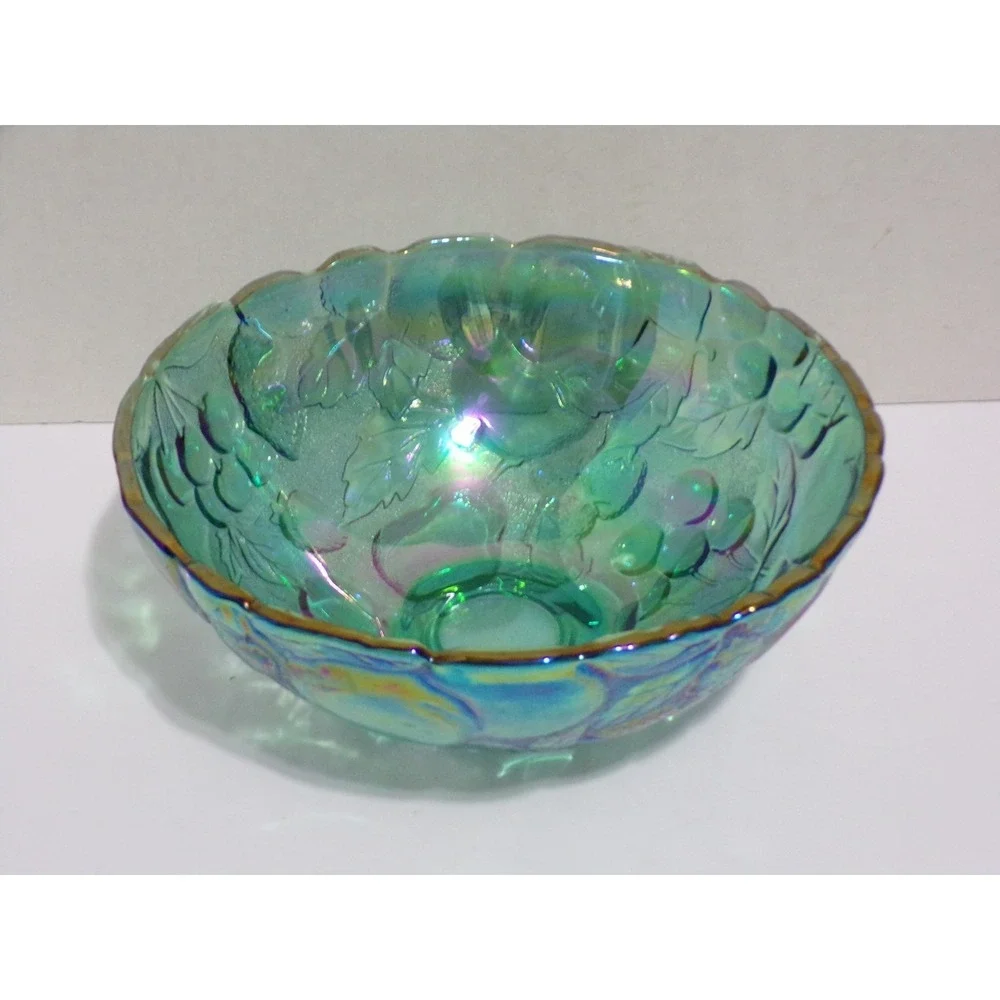 Vintage‎ Glass Fruit Bowl Iridescent Teal Green Scalloped Embossed 8 inch